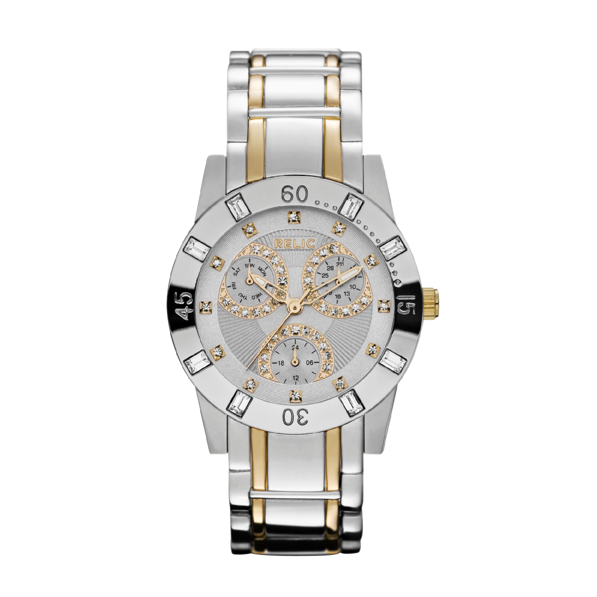 UPC 723765264820 product image for Ladies' Two-Tone Bracelet Watch with Round Gold-Tone Multi-Dial and Crystal Acce | upcitemdb.com