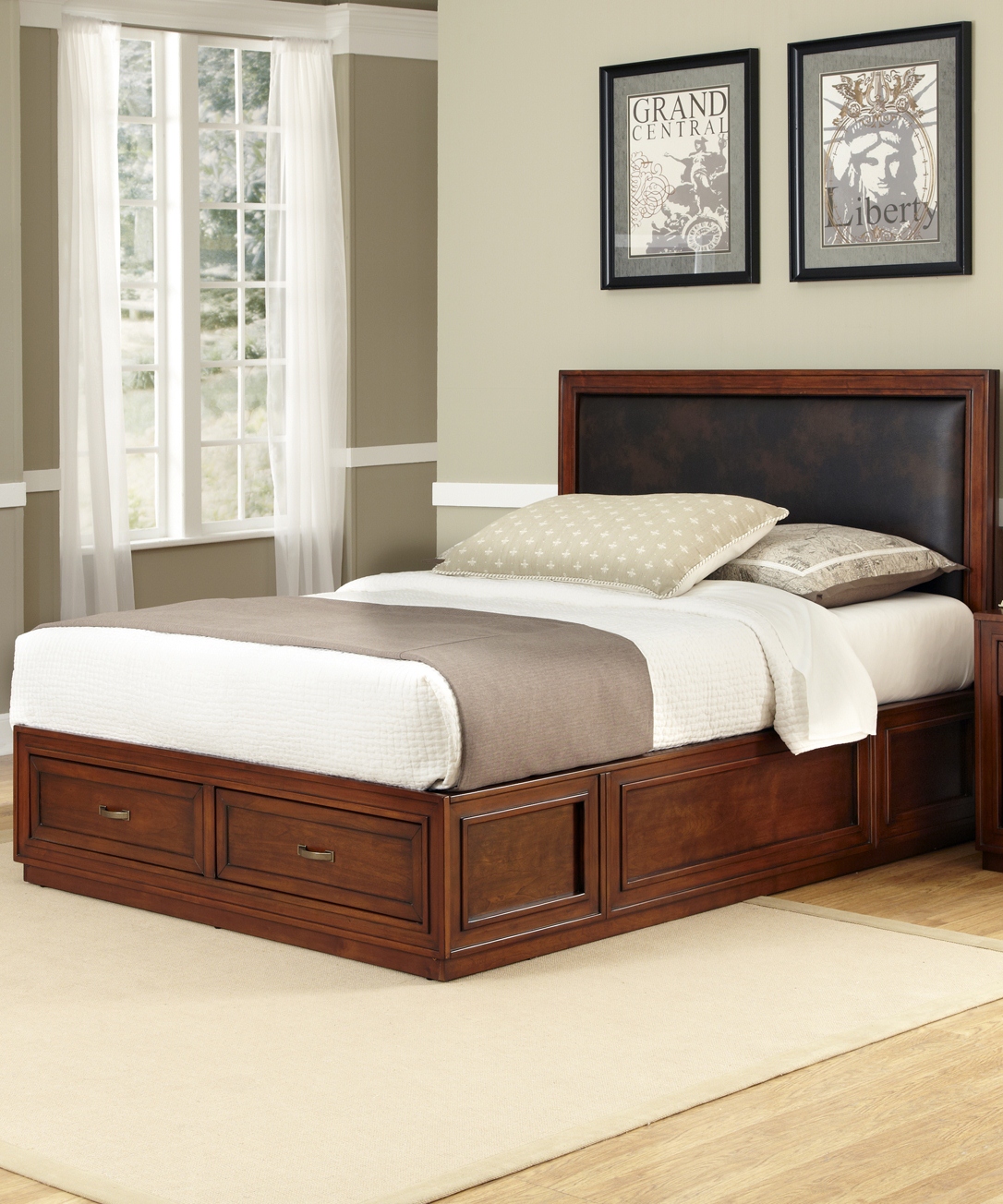 Home Styles Furniture Duet Platform Queen Panel Bed Brown Leather Inset