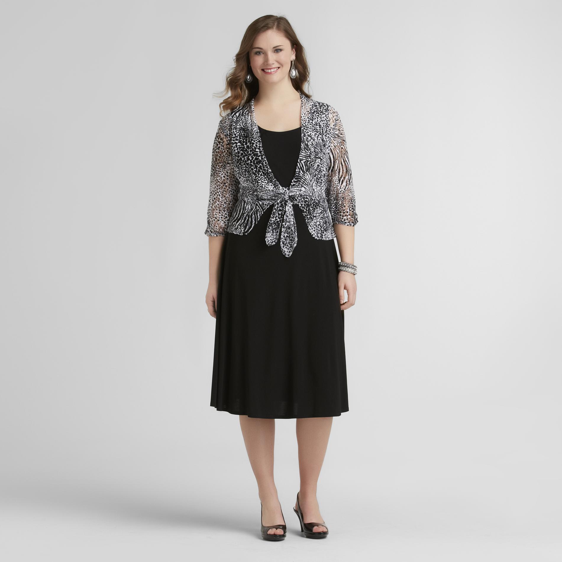 Women's Plus Dress & Lace Jacket - Animal Print Black/White 14