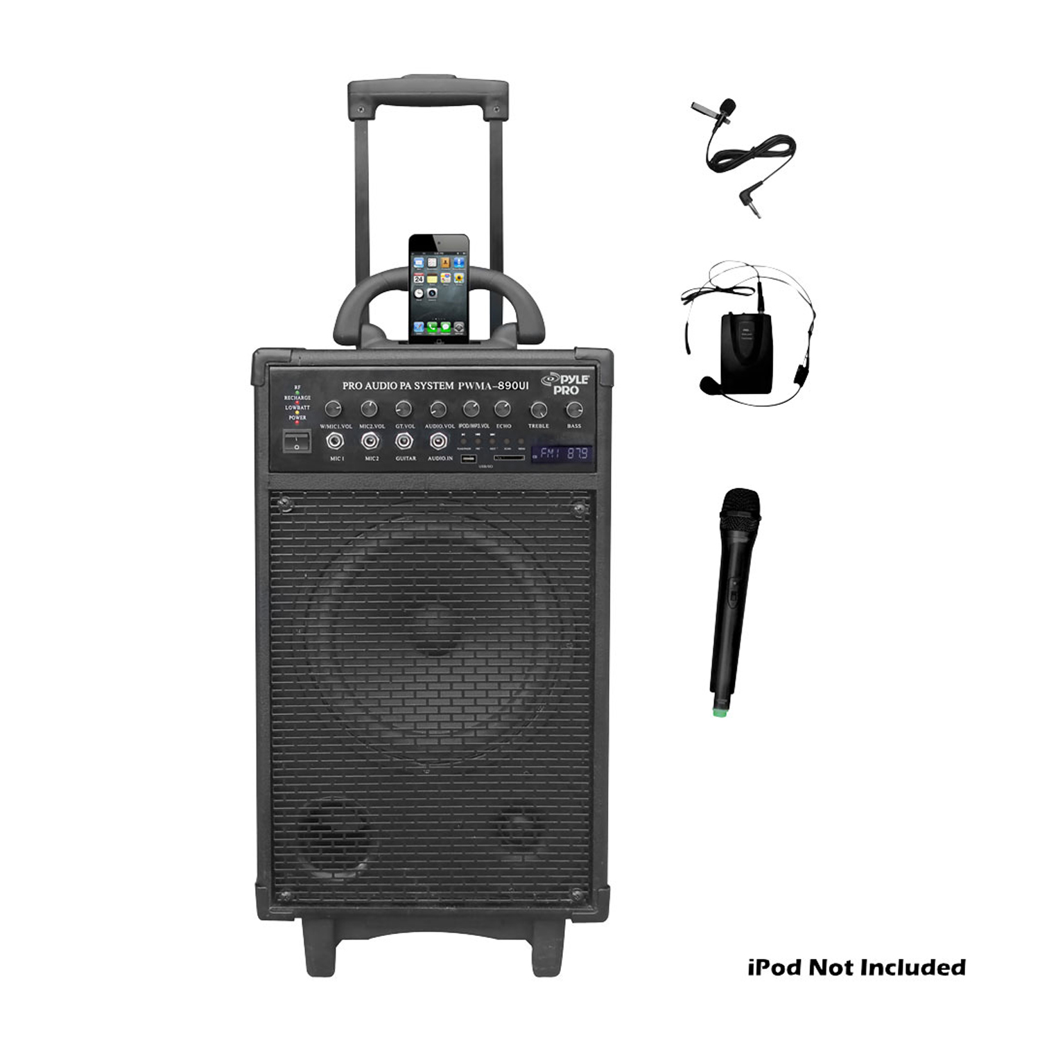 Pyle 500 Watt Dual Channel Wireless Rechageable Portable PA System With iPod iPhone Dock  FM USB SD  Handheld Microphone  and La