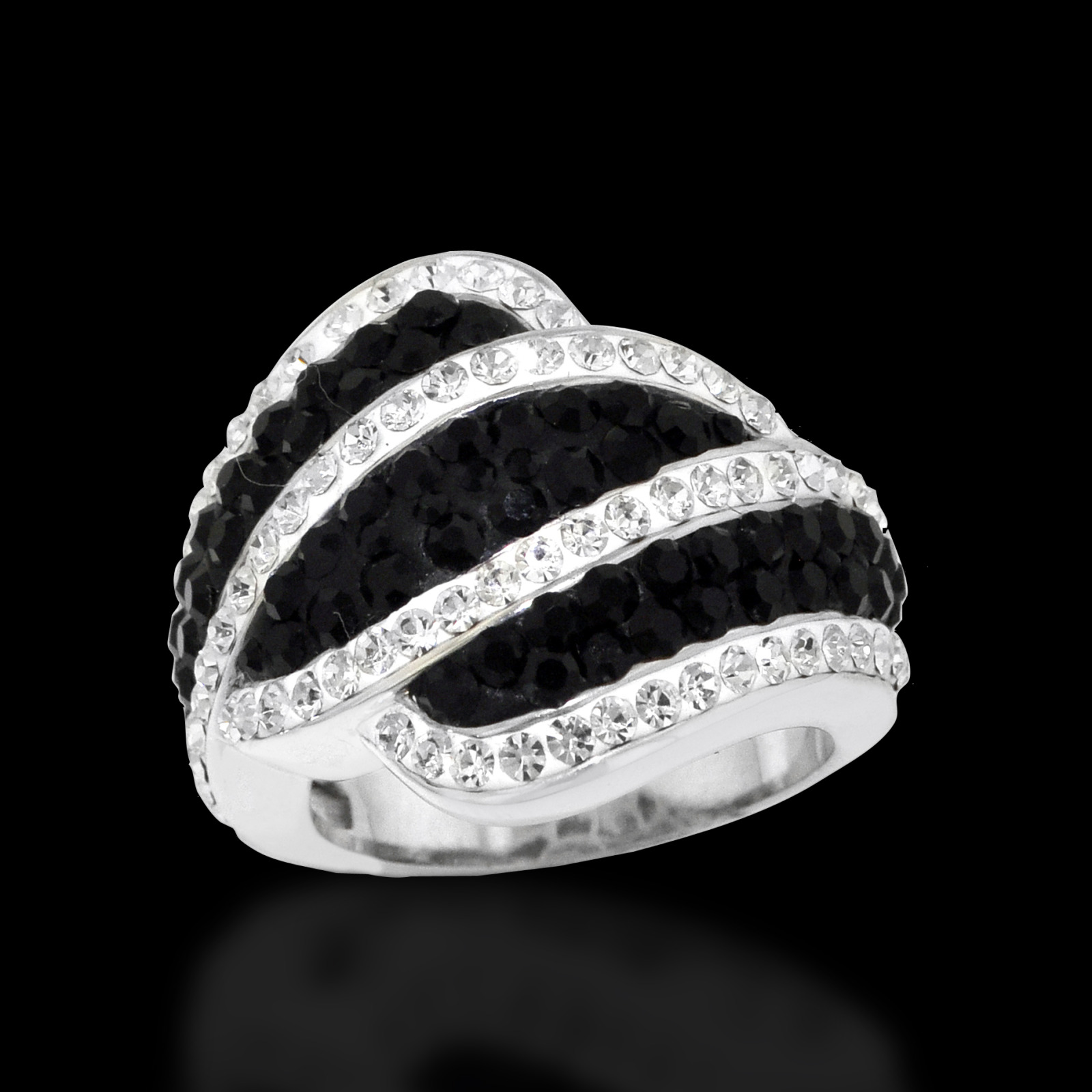 Platinum Over Bronze Black Crystal Wavy Stripe Ring