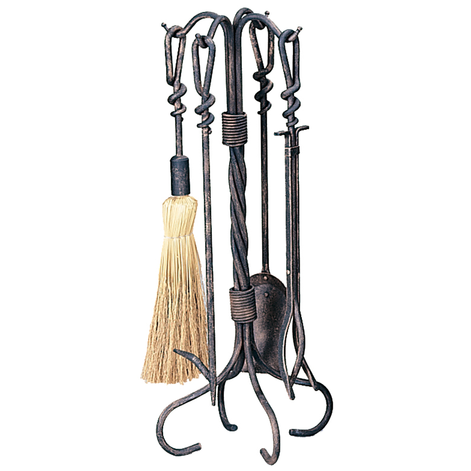 5 Pc Antique Rust Wrought Iron Fireset, Blue 5 Pc Antique Rust Wrought Iron Fireset, Blue
