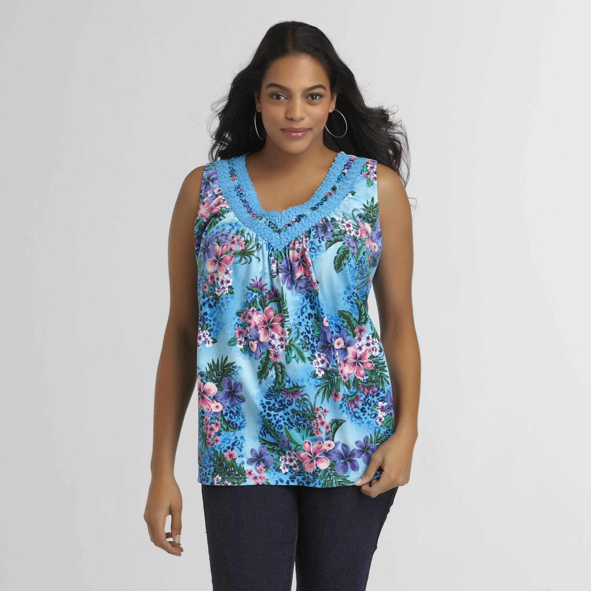 Basic Editions Women's Plus Crochet Tank Top - Floral at Kmart.com