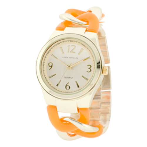 Sofia by Sofia Vergara Ladies' Gold &amp; Orange Enamel Design Link Bracelet Watch w/ White Round Dial at Kmart.com