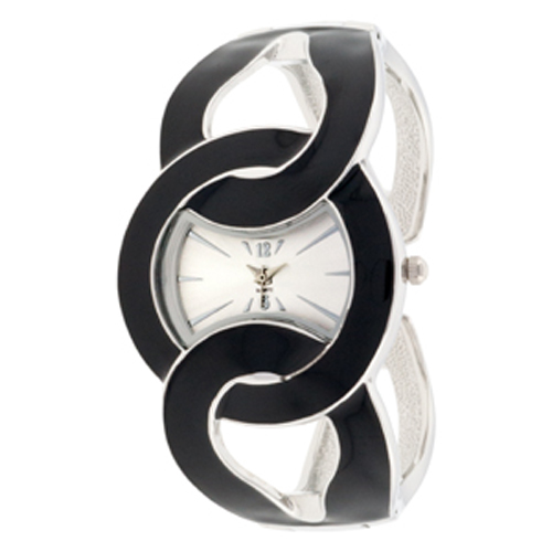 Ladies' Black Interlock Design Hinged Silver Bangle Watch w/ White Round Dial