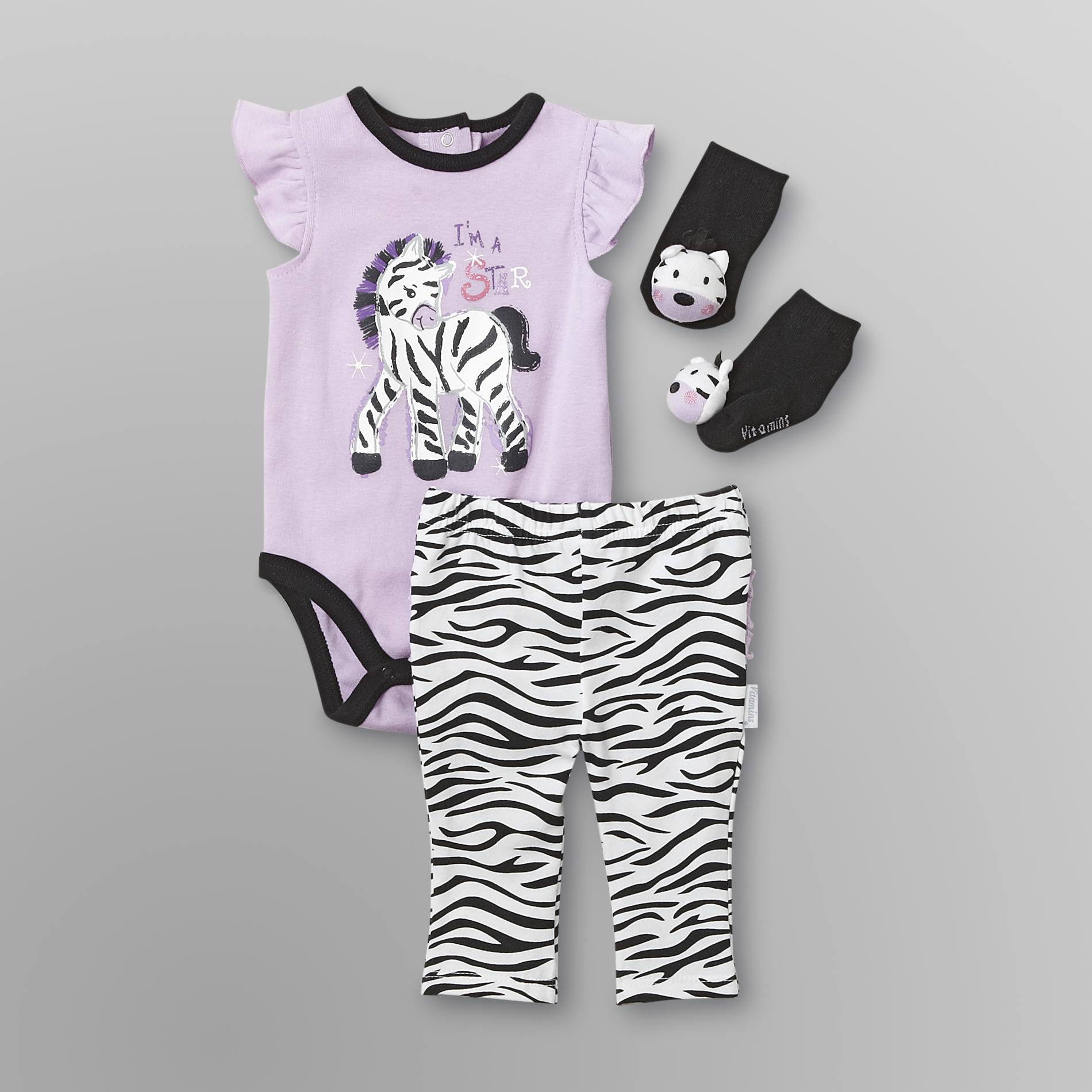 Vitamins Baby Infant Girl's Bodysuit, Pants & Rattle Socks - Zebra at Sears.com