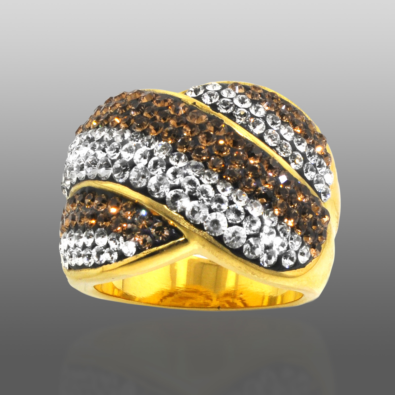 Gold Over Bronze Brown & White Crystal Wavy Stripe Ring