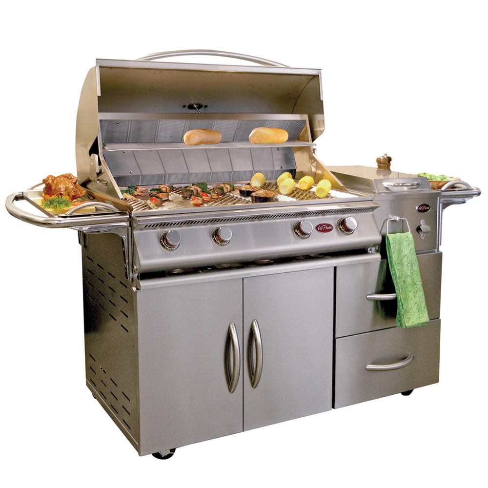 A La Cart Deluxe 4-Burner Stainless Steel Gas Grill Cart with Double Drawers