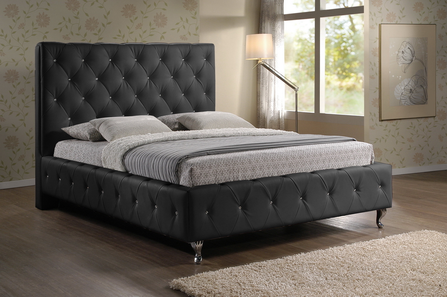 Baxton Stella Crystal Tufted Black Modern Bed with Upholstered Headboard - Queen Size