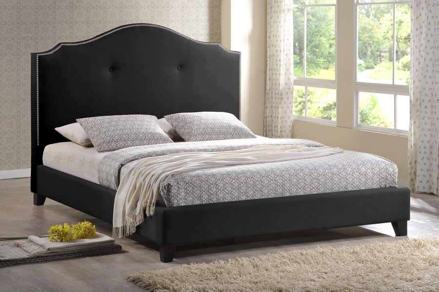 Baxton Marsha Scalloped Black Modern Bed with Upholstered Headboard - King Size