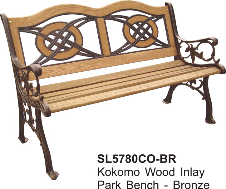 Kokomo Wood Inlay Park Bench, Bronze