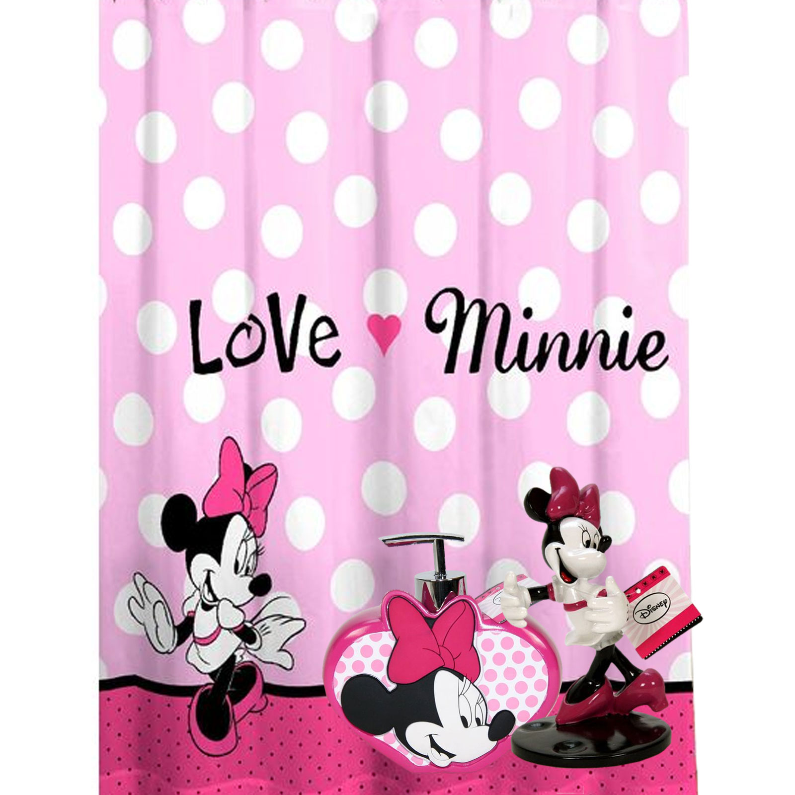 Minnie Mouse Shower Curtain with Soap Dispenser & Toothbrush 