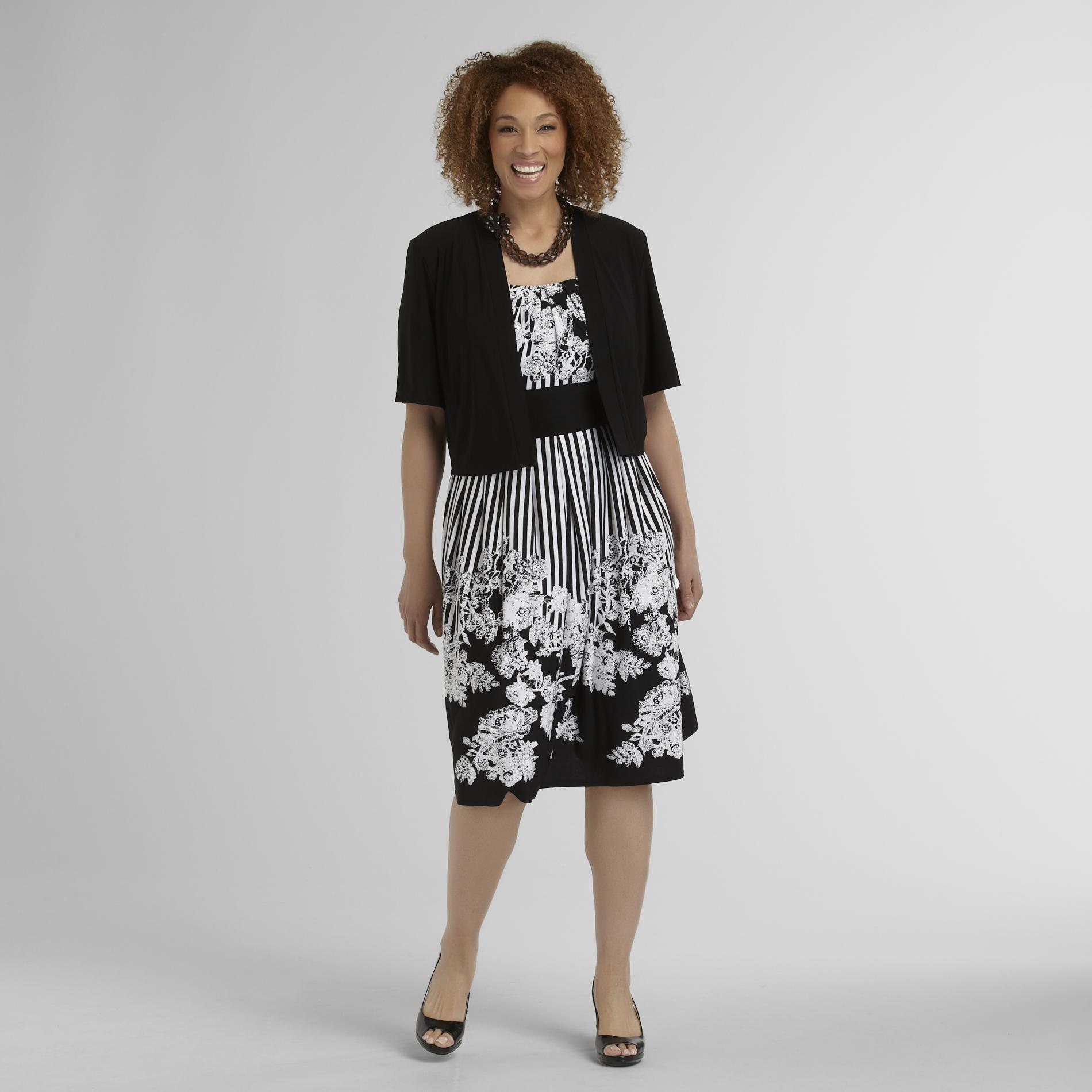 R & M Richards Women's Plus Dress & Jacket - Floral & Stripes Black/White 14