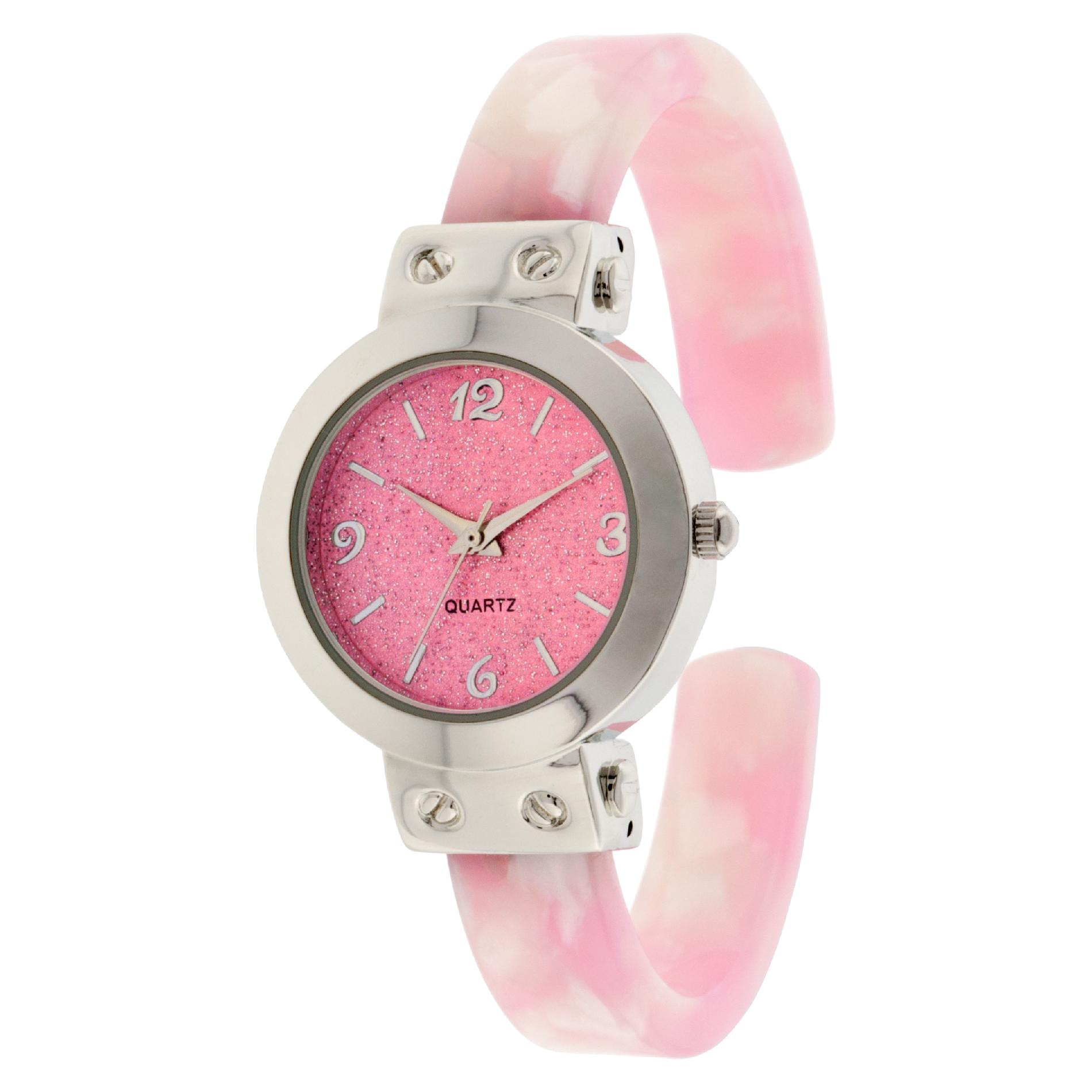 Ladies' Pink Mother of Pearl Plastic Hinged Bangle Watch w/ Pink-Glitter Round Dial at Sears.com