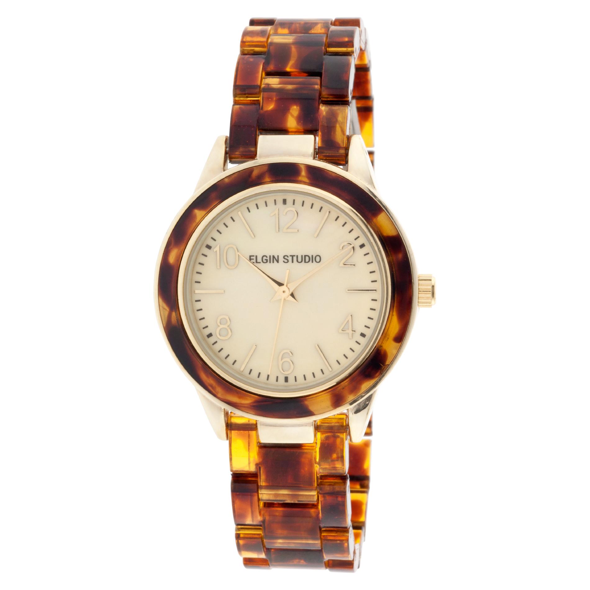 Elgin Ladies' Goldtone Tortoise Shell Link Bracelet Watch w/ Goldtone