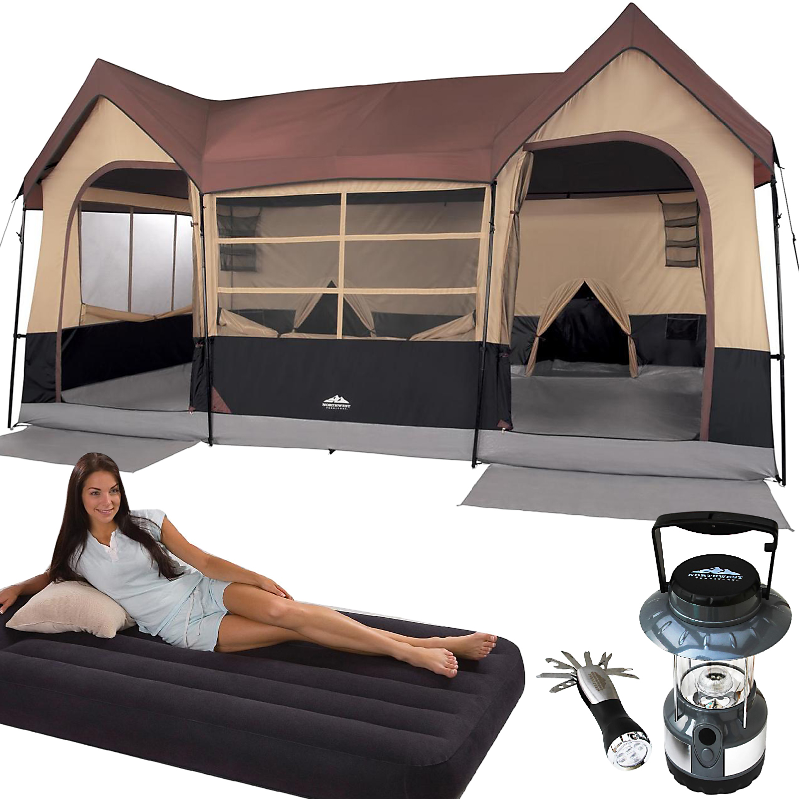 Northwest Territory Big Sky Lodge Tent - 16' x 11' with Twin Size Air Bed & Lantern Bundle at Kmart.com