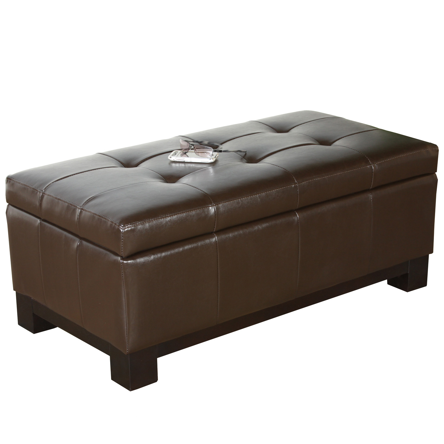 Brown Leather Storage Ottoman with Tufted Top
