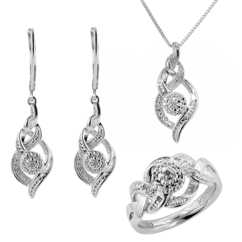 1/10 Cttw. Diamond Silver Braided Pendant Necklace  Ring and Earrings Set
