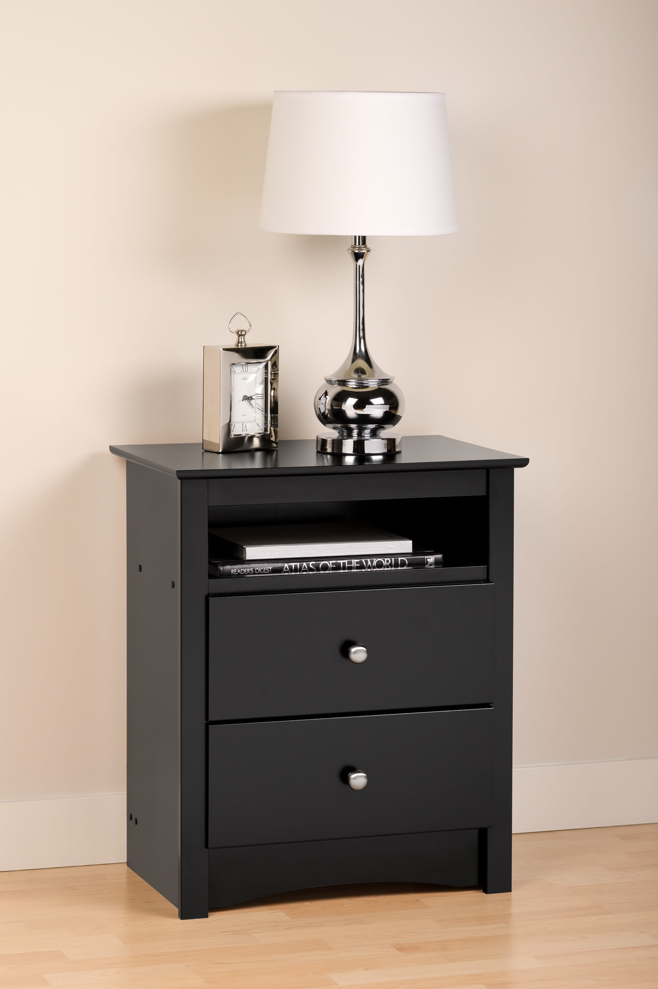 Prepac Black Sonoma Tall 2 Drawer Nightstand with Open Shelf at mygofer.com
