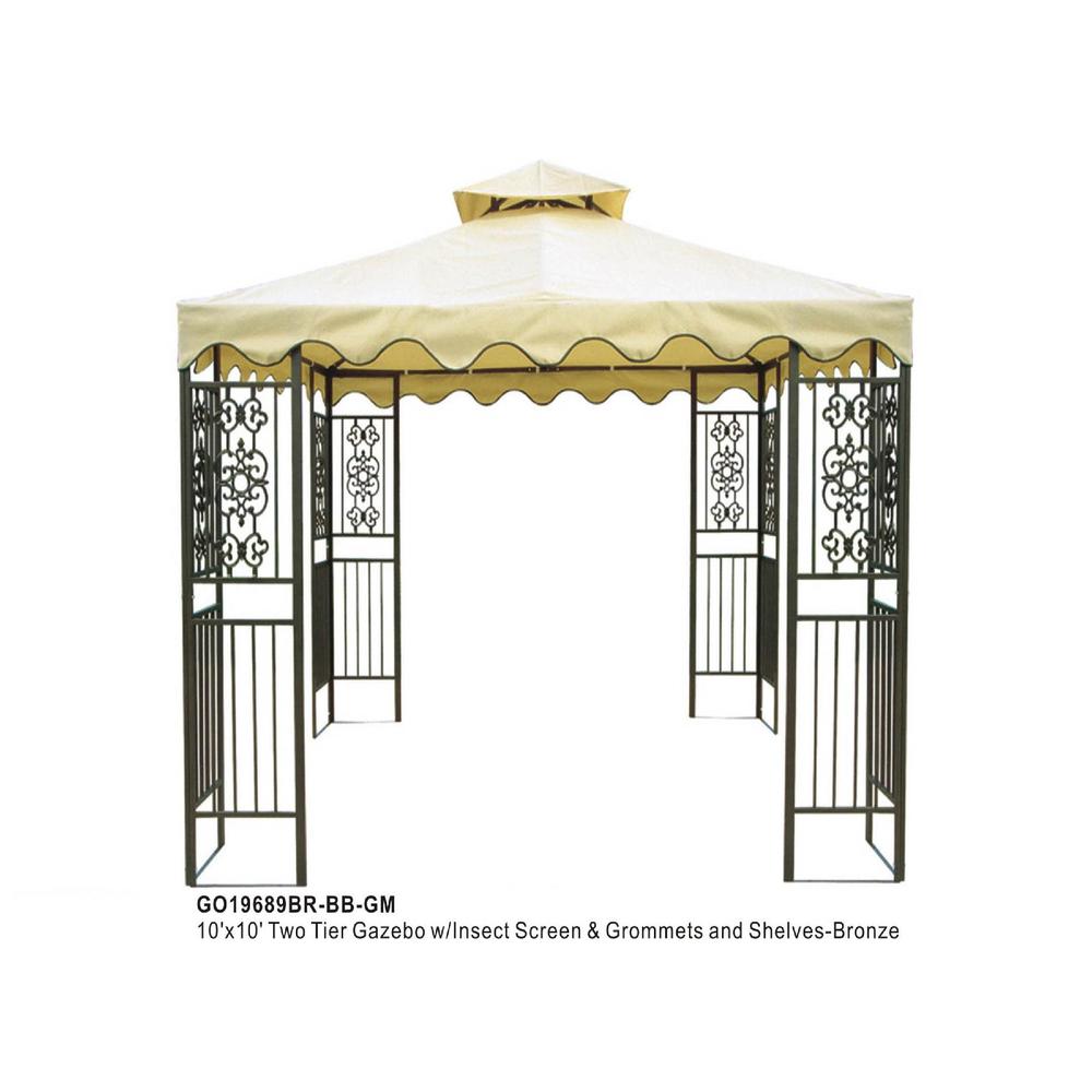 10'x10' Two Tier Steel frame Gazebo, Beige Top with Brown Edge and 8 Grommets