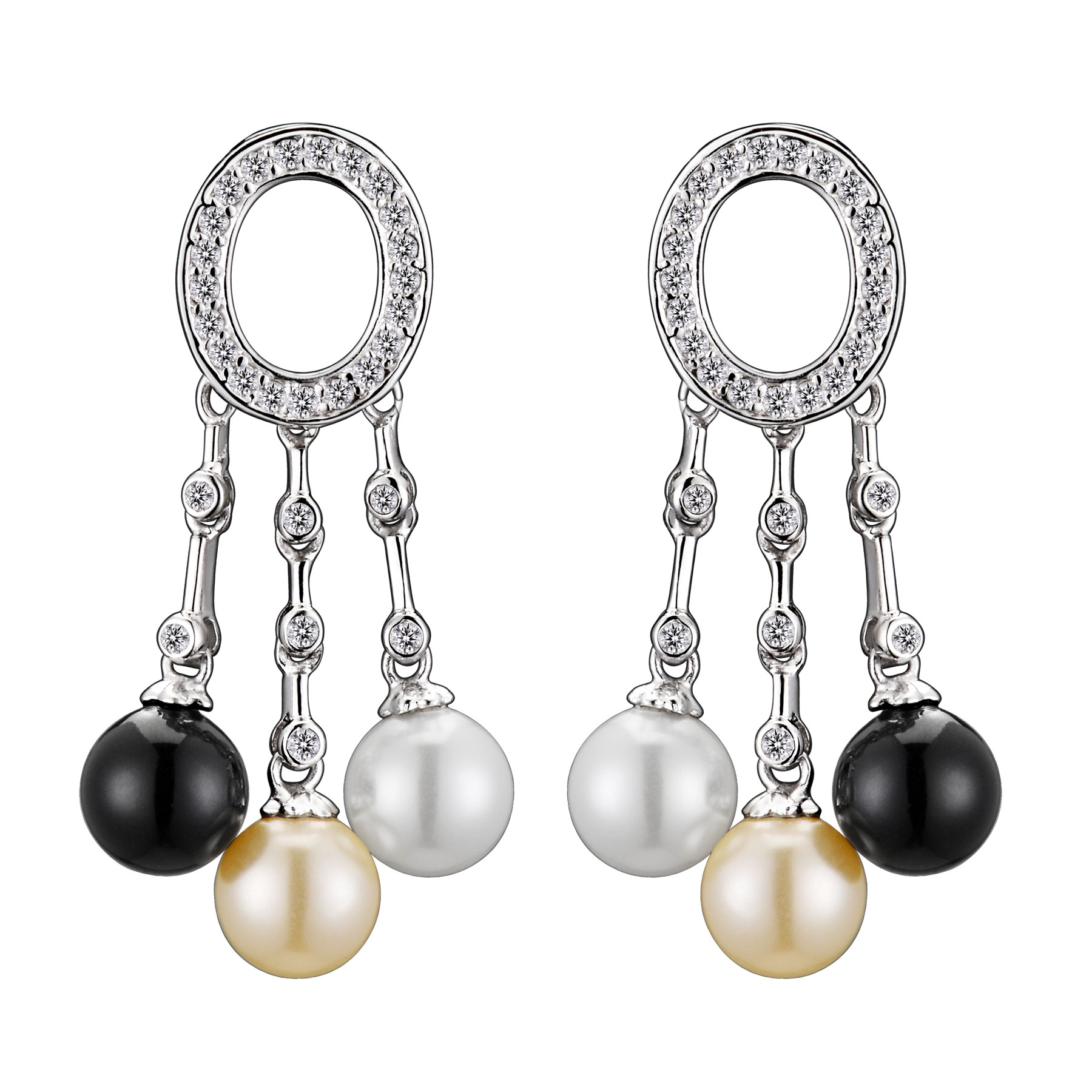 Cubic Zirconia (.925) Sterling Silver Sterling Silver Black  White And Champagne Pearl Drop   Earrings