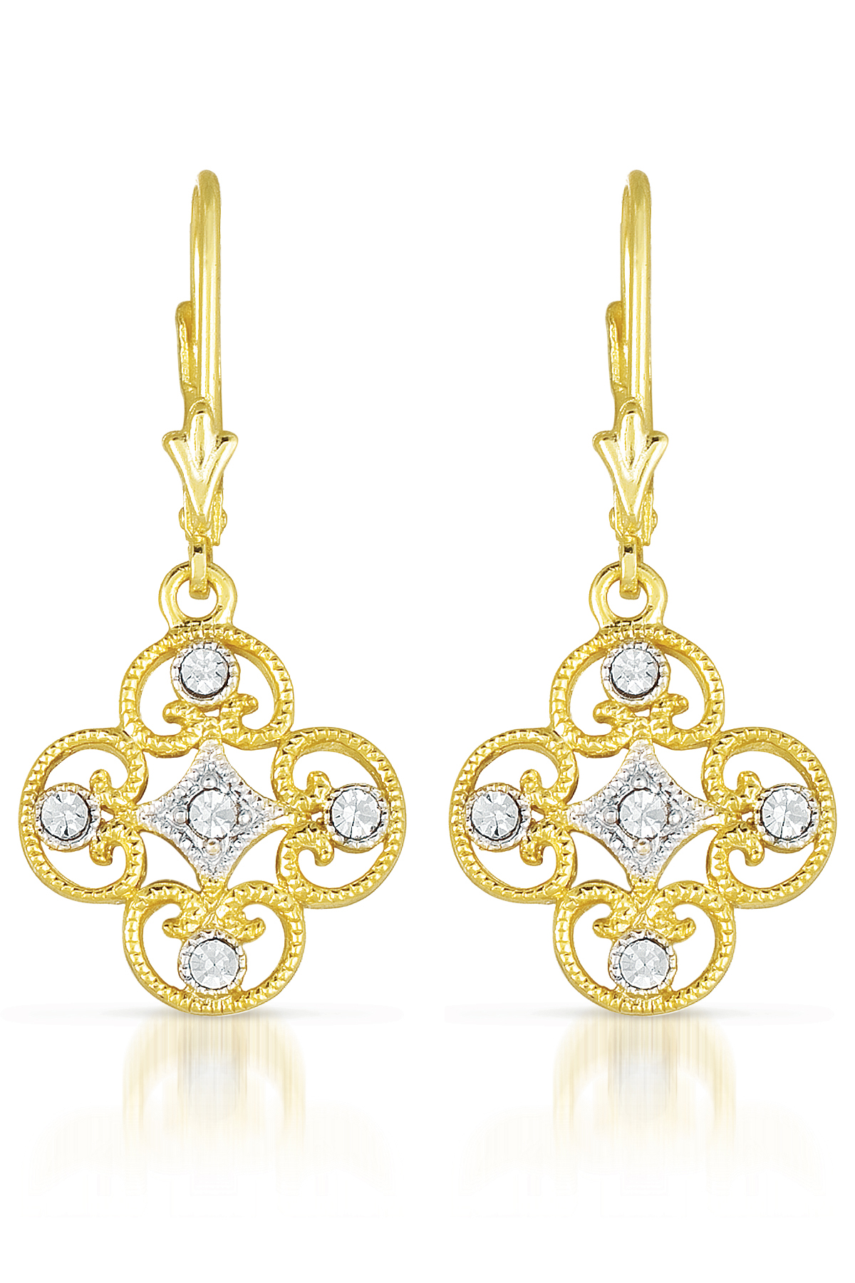 Cubic Zirconia (.925) Sterling Silver Gold Plated Lace Deco Euro Earrings