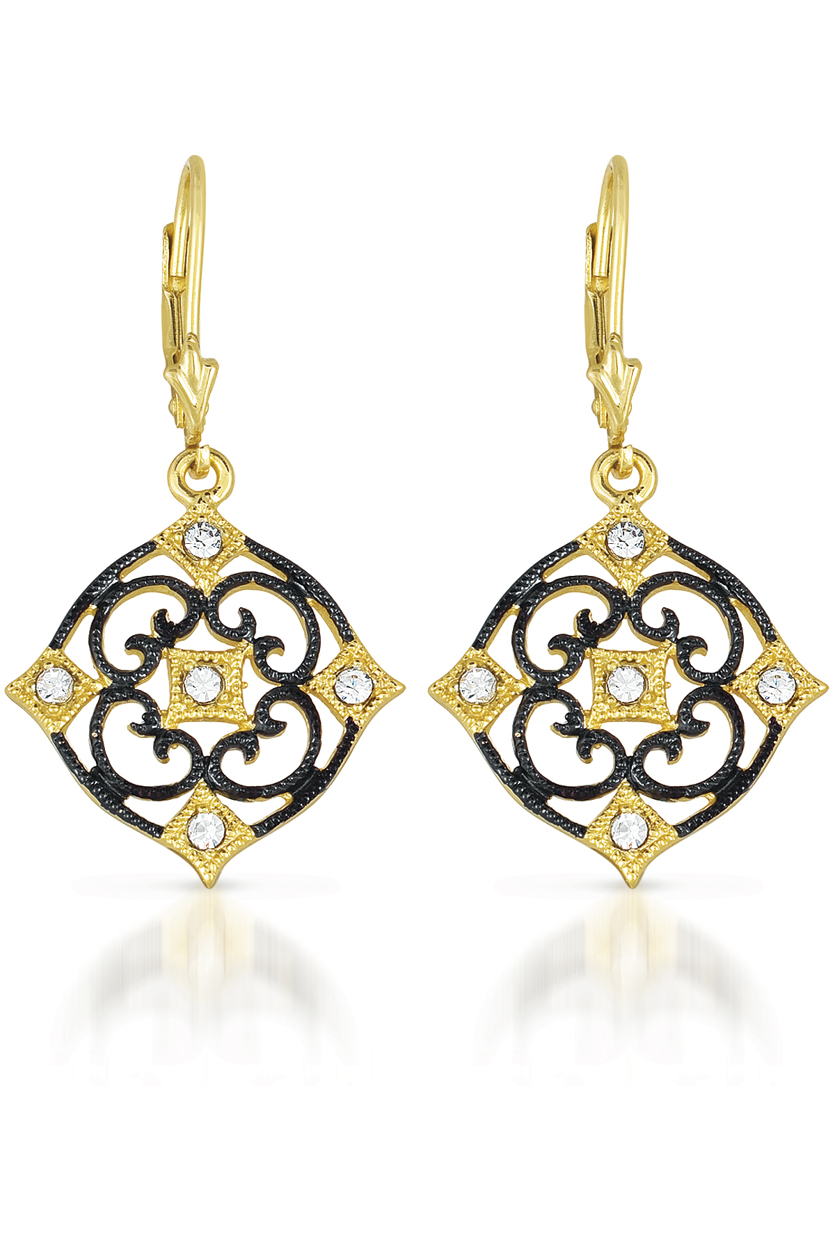 Cubic Zirconia (.925) Sterling Silver Black And Gold Deco Earrings