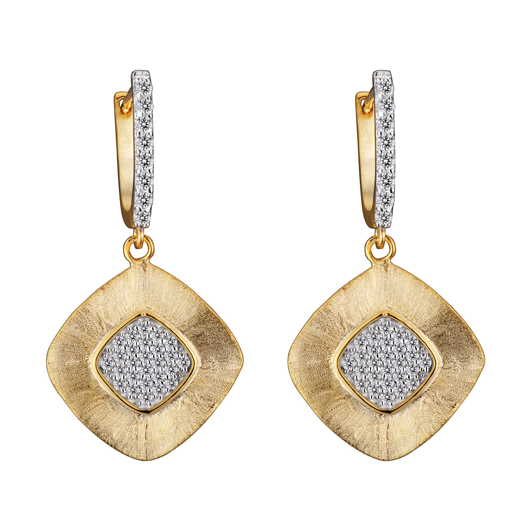 Cubic Zirconia (.925) Sterling Silver Gold Plated Hammered Square Drop Earrings