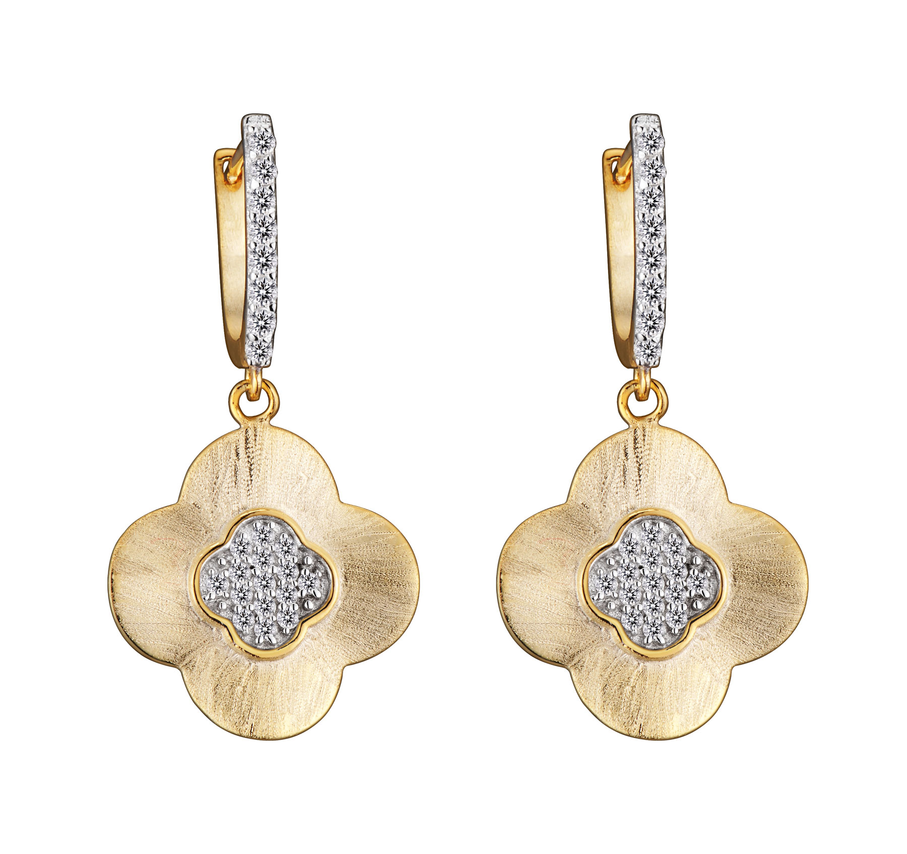 Cubic Zirconia (.925) Sterling Silver Gold Plated Hammered Flower Shape Drop Earrings