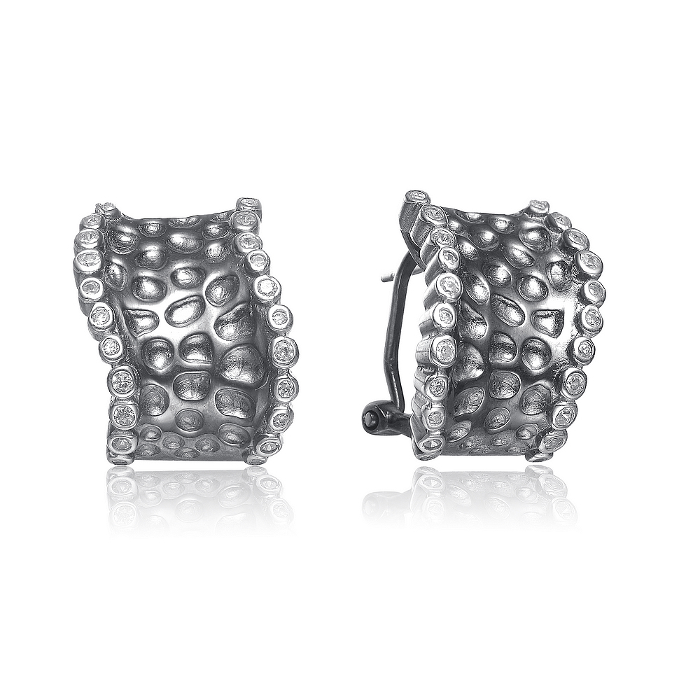 Cubic Zirconia (.925) Sterling Silver Sterling Silver Black Plated Hammered Earrings