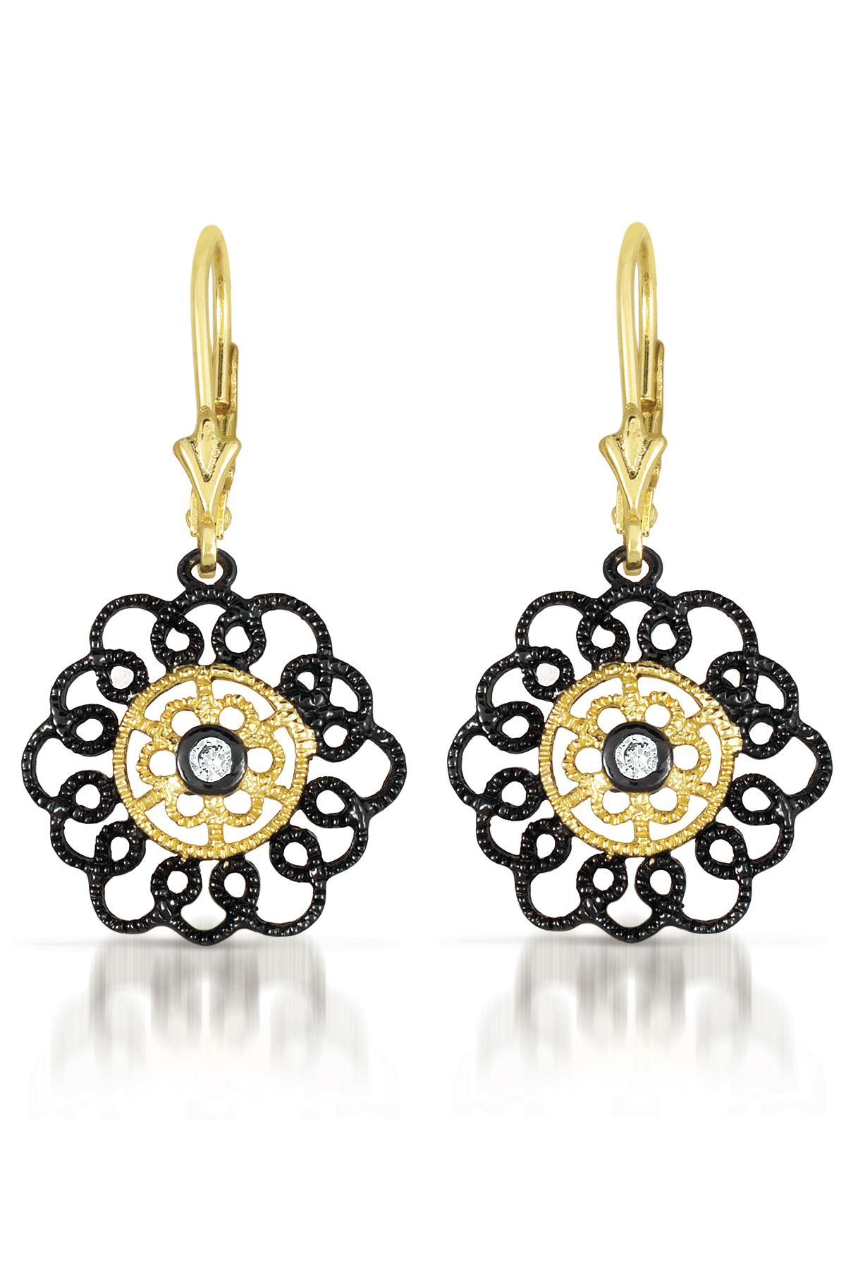Cubic Zirconia (.925) Sterling Silver Black And Gold Plated Lace Flower Euro Earrings