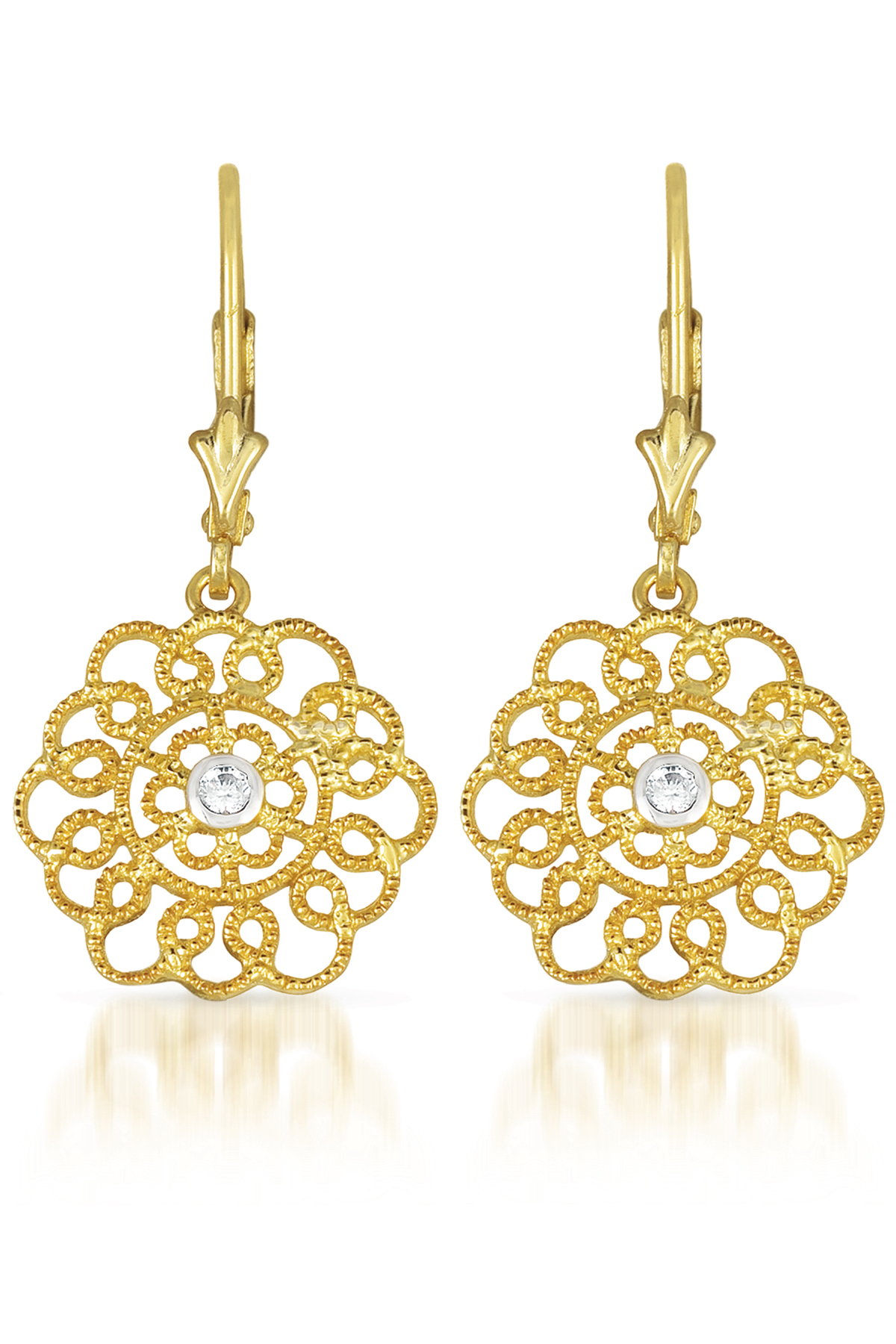 Cubic Zirconia (.925) Sterling Silver Gold Plated Lace Flower Euro Earrings