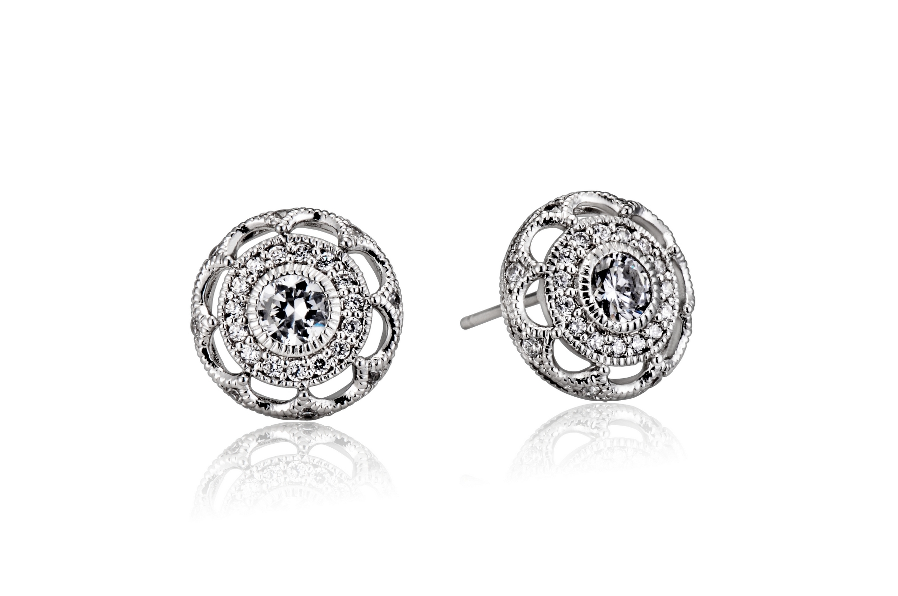 Cubic Zirconia (.925) Sterling Silver Round Classic Art Deco Style Earrings