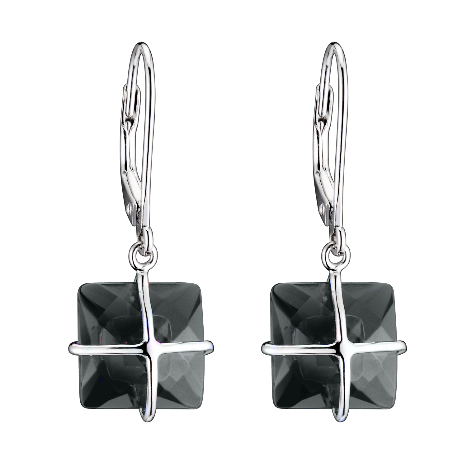Cubic Zirconia (.925) Sterling Silver Black Square Drop Euro Earrings