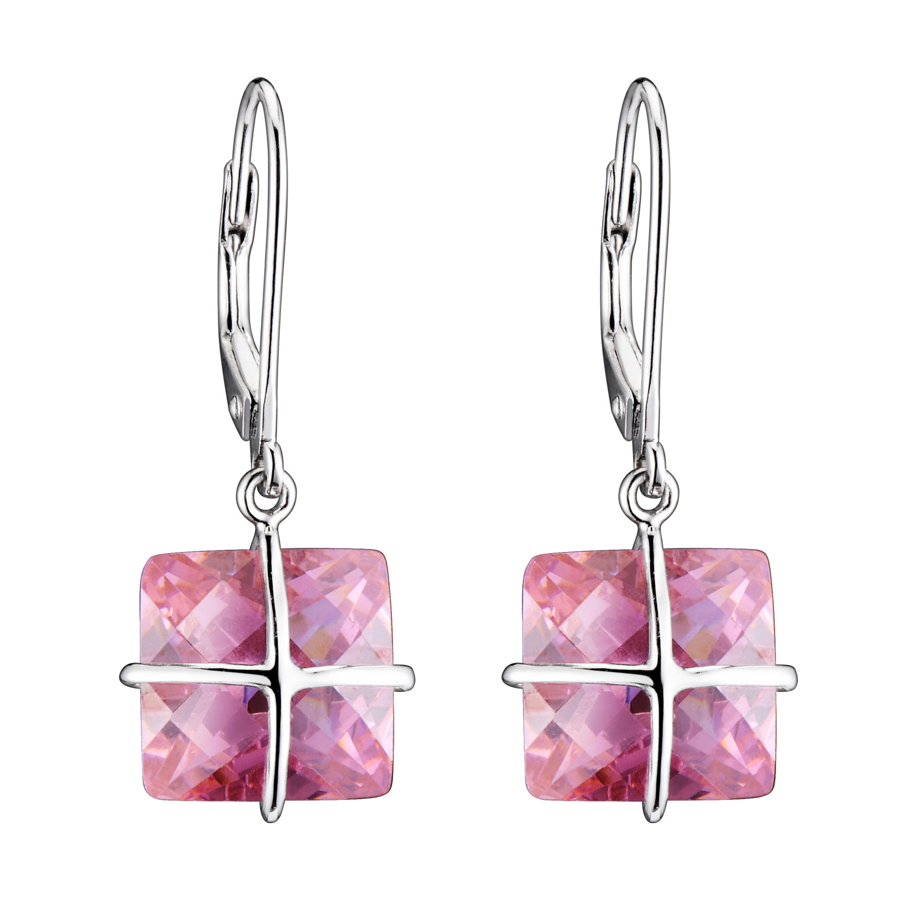 Cubic Zirconia (.925) Sterling Silver Pink Square Drop Euro Earrings