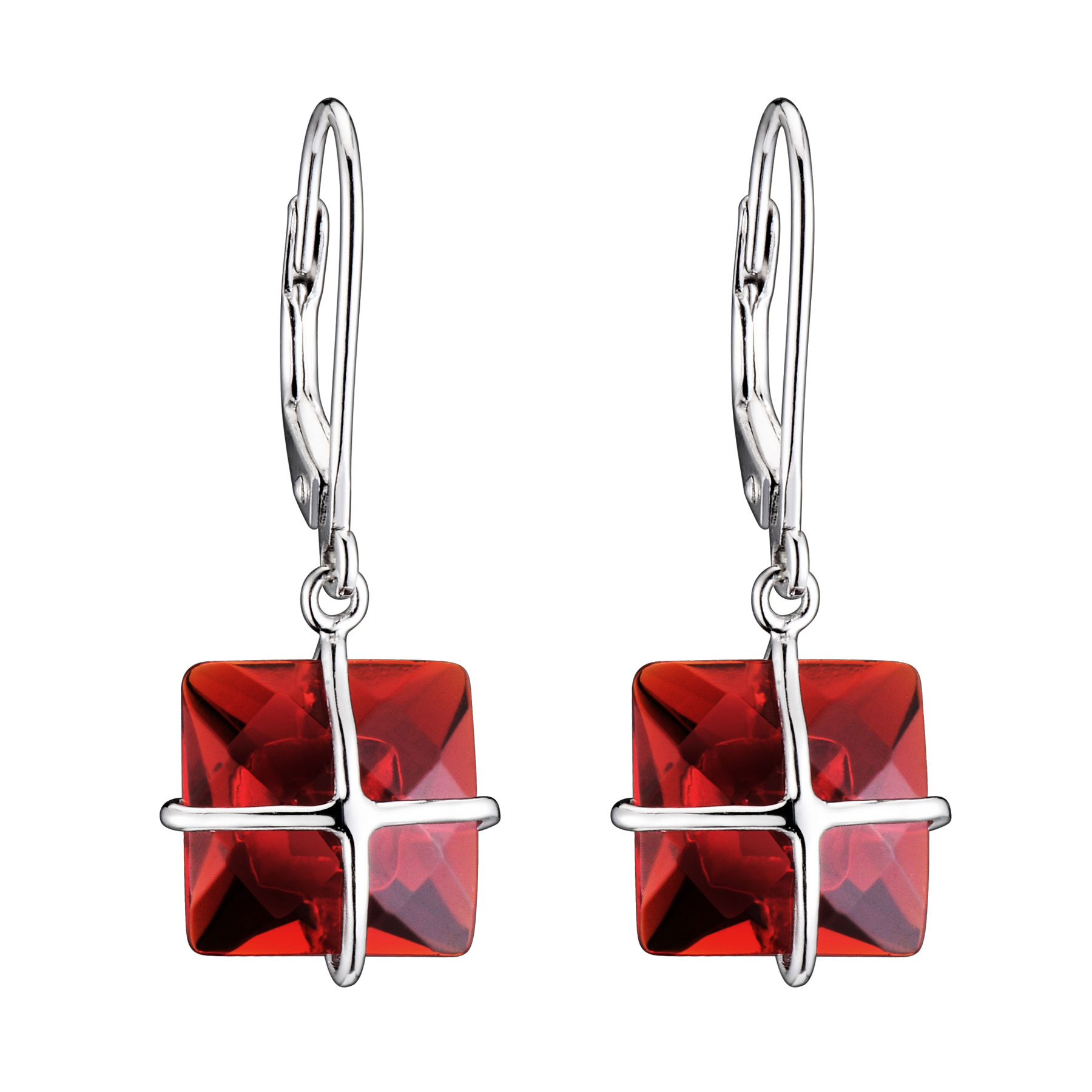 Cubic Zirconia (.925) Sterling Silver Ruby Square Drop Euro Earrings