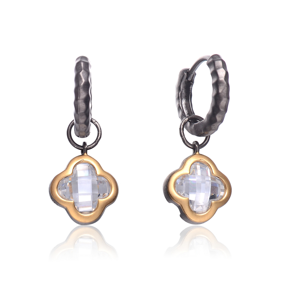 Cubic Zirconia (.925) Sterling Silver Black And Gold Flower Drop Huggie Earrings