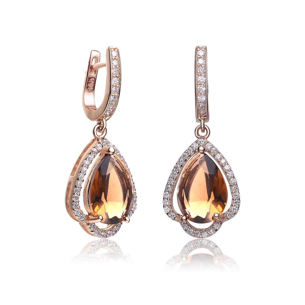 Cubic Zirconia (.925) Sterling Silver Rose Plated Smoky Topaz Drop Earrings