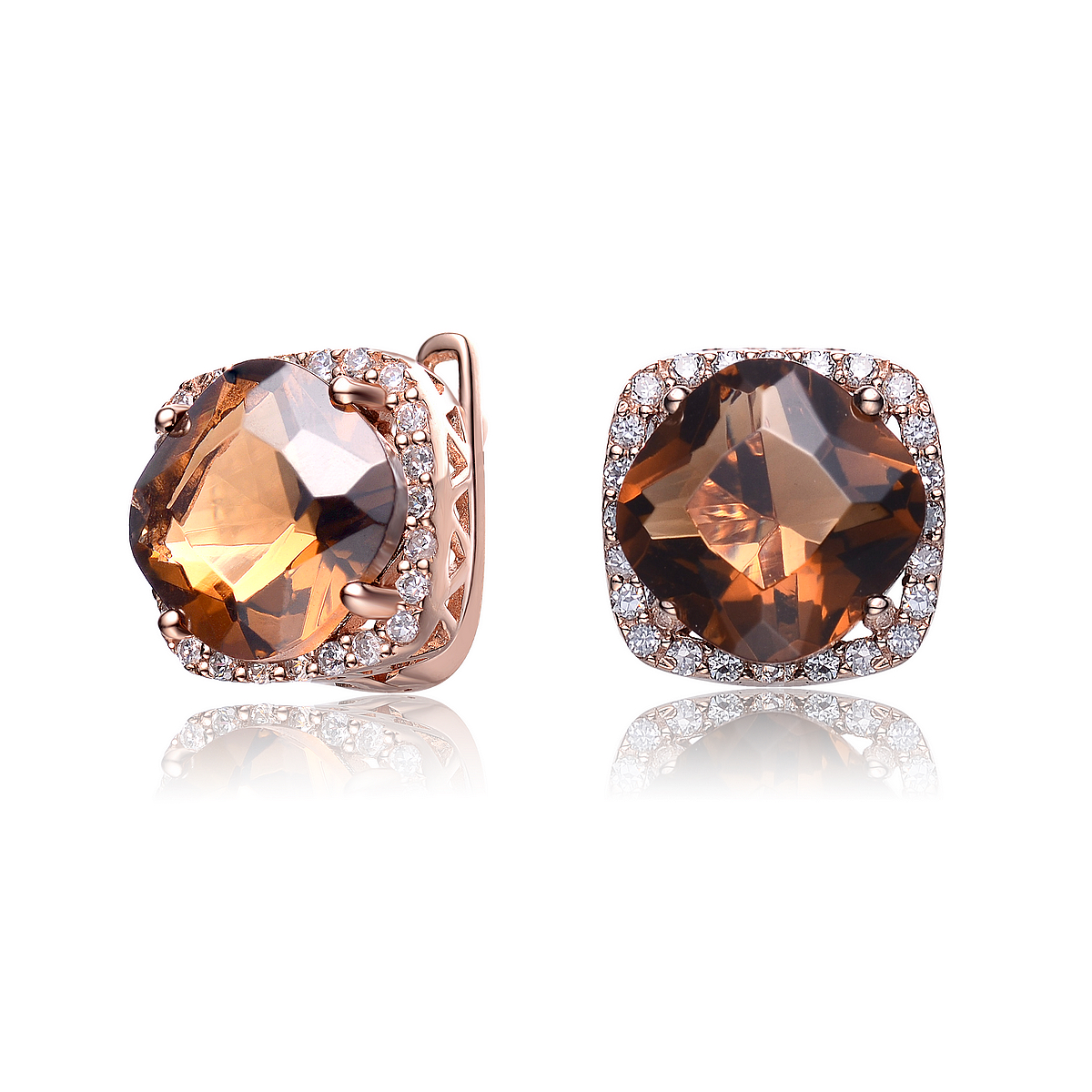 Cubic Zirconia (.925) Sterling Silver Rose Plated Smoky Topaz Square Huggie Earrings