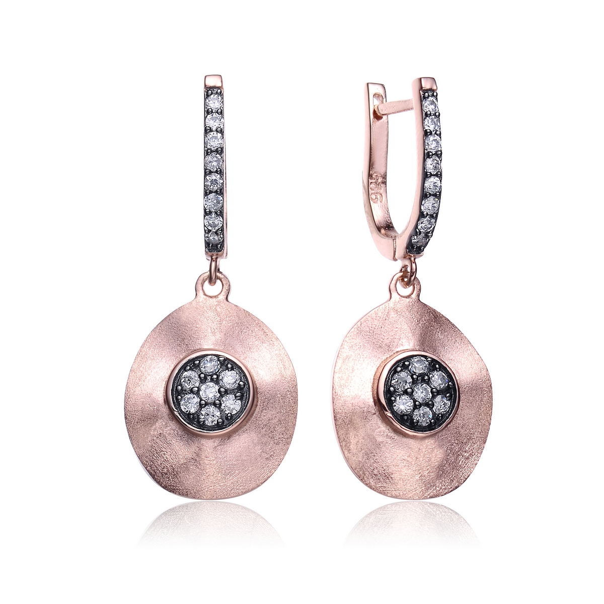 Cubic Zirconia (.925) Sterling Silver Black And Rose oval Huggie Drop Earrings