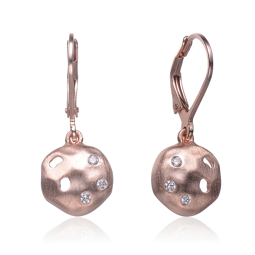 Cubic Zirconia (.925) Sterling Silver Rose Plated Round Brushed Earrings