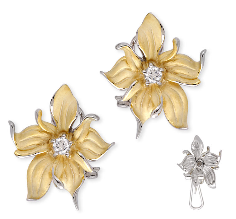 Cubic Zirconia (.925) Sterling Silver Gold Plated Flower Shape Earrings