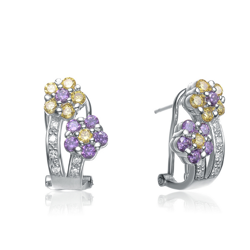Cubic Zirconia (.925) Sterling Silver Amythest And Yellow Doudle Flower Shape Earrings