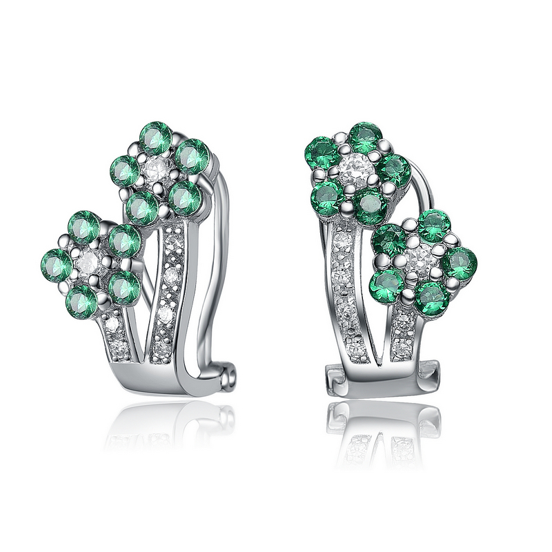 Cubic Zirconia (.925) Sterling Silver Emerald Doudle Flower Shape Earrings