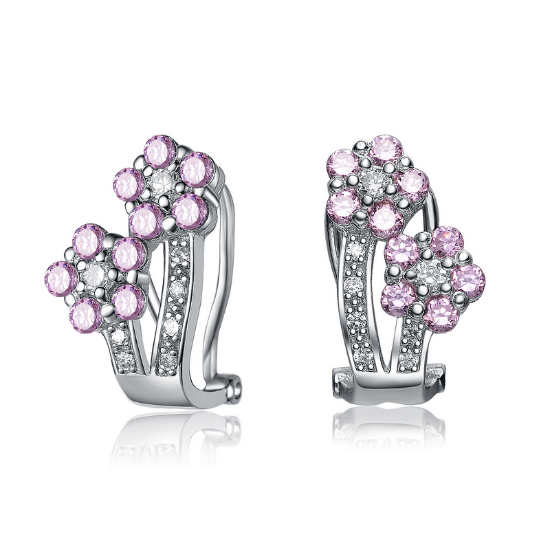 Cubic Zirconia (.925) Sterling Silver Pink Doudle Flower Shape Earrings