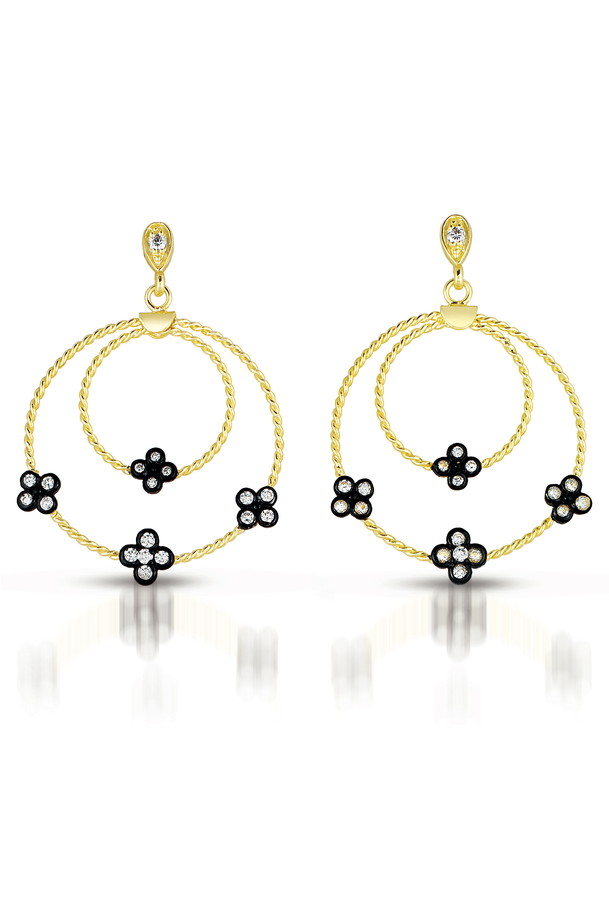 Cubic Zirconia (.925) Sterling Silver Gold And Black Round Drop Earrings