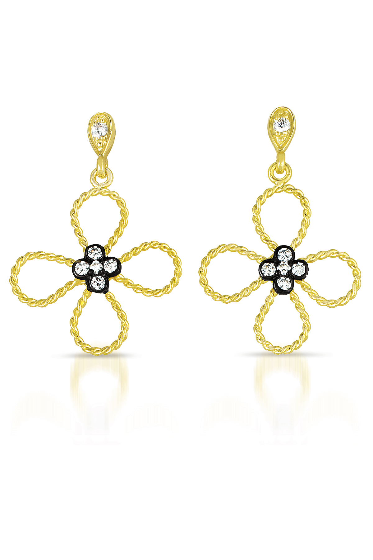 Cubic Zirconia (.925) Sterling Silver Black And Gold Flower Earrings