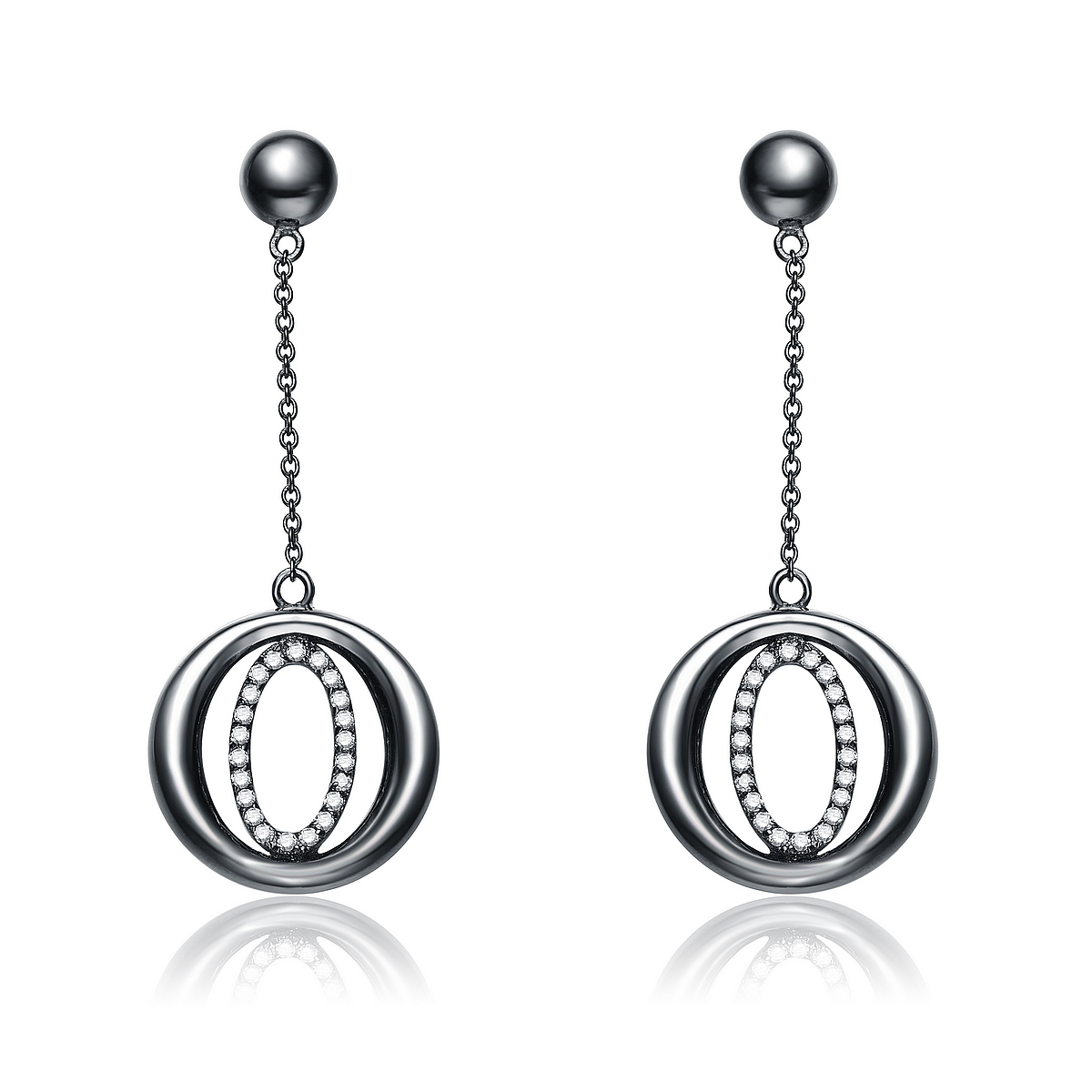 Cubic Zirconia (.925) Sterling Silver Black Plated  Round Long Drop Earrings