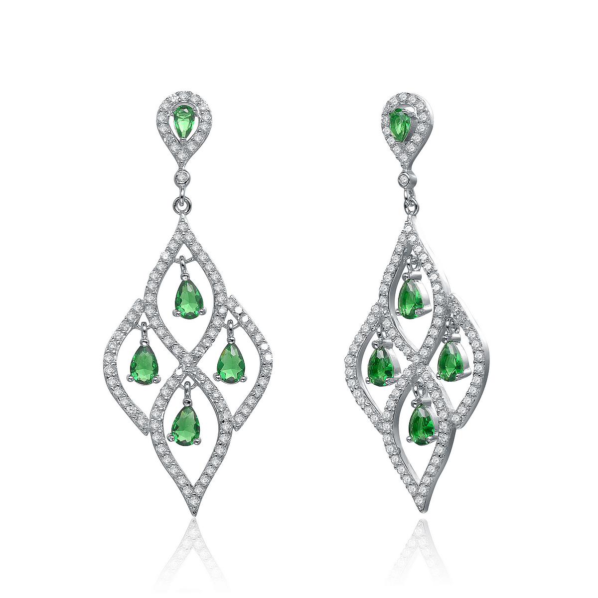Cubic Zirconia (.925) Sterling Silver Emerald Royal Chandelier Earrings