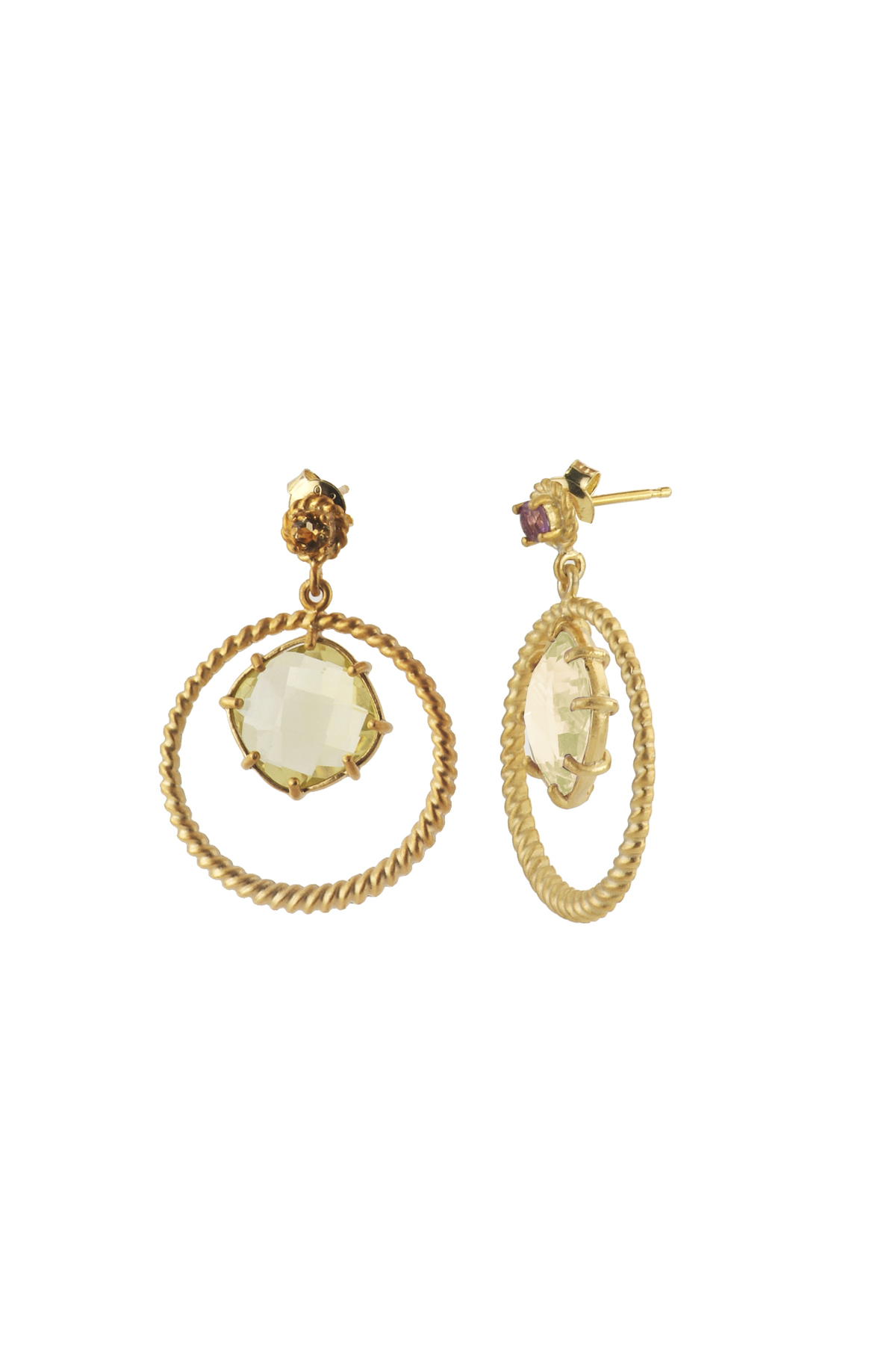 Cubic Zirconia (.925) Sterling Silver Gold Plated Lemon Quart  Round Drop Earrings